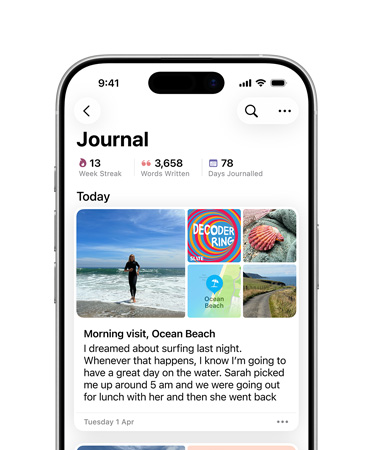 Journal app open to daily journal entry, pictures of a beach day and text about dreams on iPhone