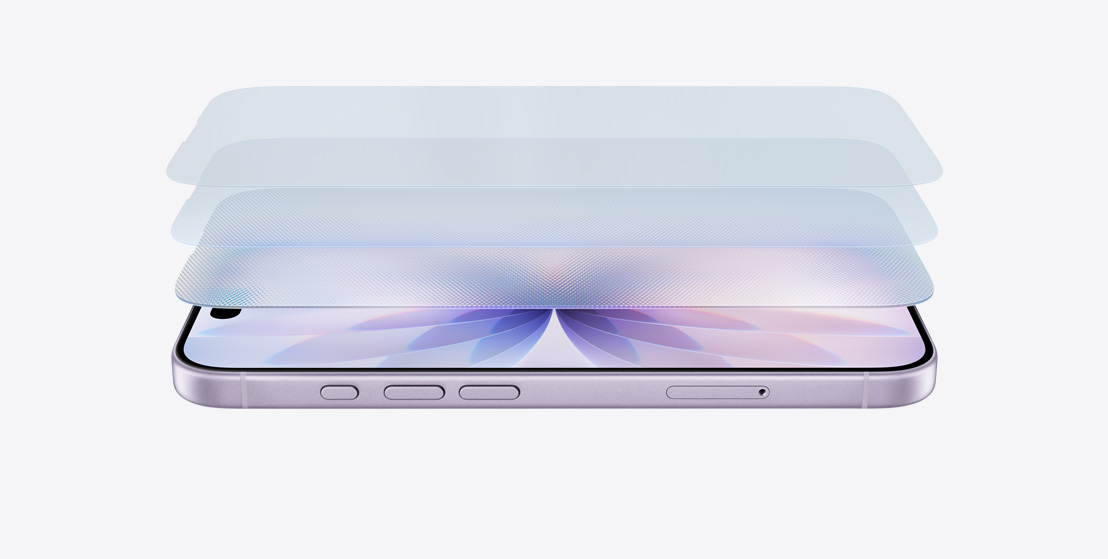 iPhone 17 horizontal on its side in Lavender finish, with a layered design showcasing Ceramic Shield 2