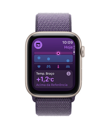 Apple Watch SE 3 com caixa estelar de alumínio e pulseira loop esportiva roxo-névoa, métricas de temperatura do pulso, Digital Crown no lado direito