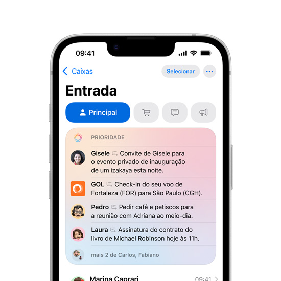 Imagem parcial da tela do iPhone 16e mostra as Mensagens Prioritárias no Mail.