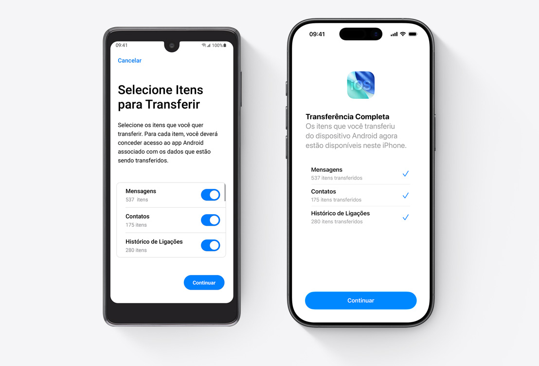 Imagem de um aparelho Android e um iPhone lado a lado com o app Migrar para iOS na tela