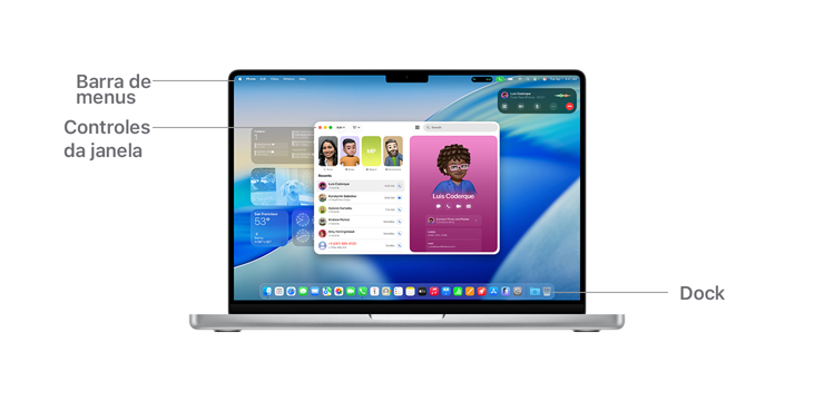 Uma visão geral da navegação do macOS, como a barra de menus na parte superior da tela do MacBook, controles da janela e o Dock.