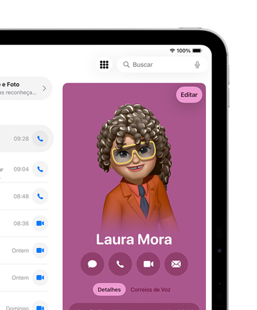 Canto direito da tela de um iPad mostrando um cartão de contato no app Telefone aberto com opções para mensagem, chamada e mais