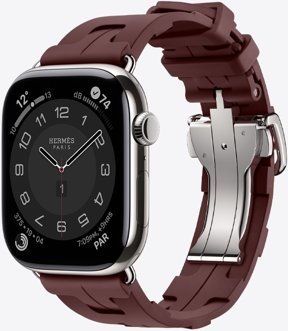 Apple Watch Hermès Series 11, titanium case, silver colour, Kilim band, bordeaux colour, silver quick-release metal buckle