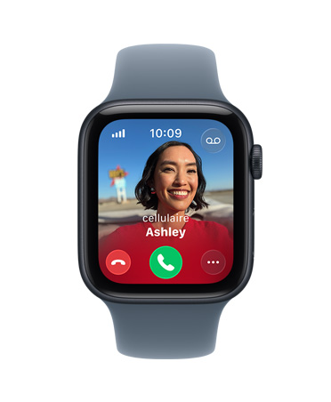 Apple Watch SE 3, boîtier en aluminium, minuit, appel entrant, photo de contact, boutons permettant d’accepter ou de refuser un appel, côté droit extérieur, Digital Crown, bracelet sport, bleu nautique