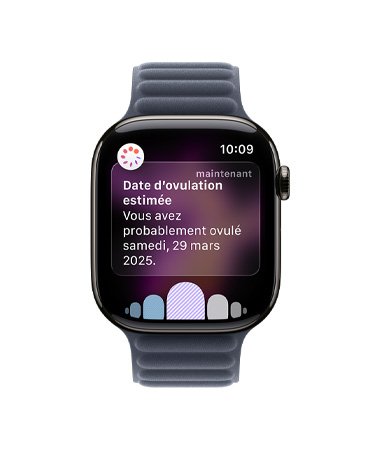 Apple Watch Series 11, couleur ardoise, boîtier en titane, notification de l’estimation de la date d’ovulation par Suivi du cycle dans l’app Santé, Digital Crown, bracelet à maillons magnétique marine