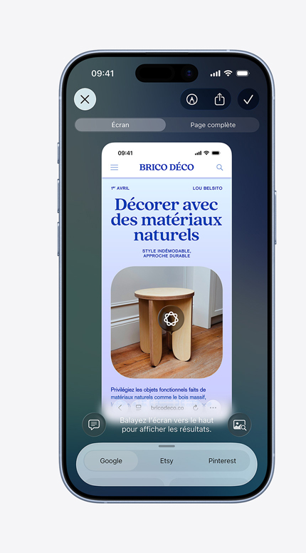 Écran d’iPhone montrant l’intelligence visuelle utilisée pour le décor intérieur