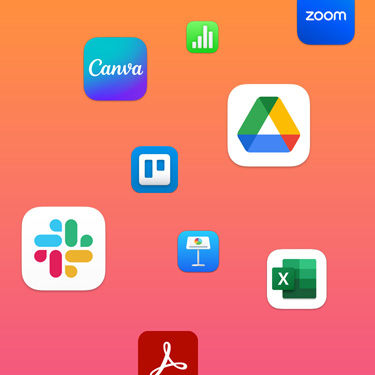 Íconos de apps de productividad como Slack, Canva, Google Workspace, Zoom, Quickbooks, Keynote, Excel, Square y Numbers sobre un fondo colorido.