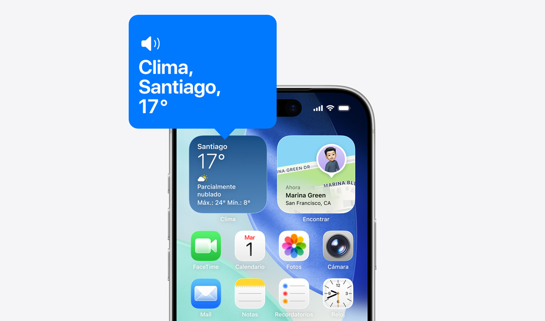 Pantalla de inicio de un iPhone, VoiceOver lee en voz alta el contenido del widget de la app Clima