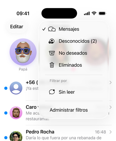 La app Mensajes muestra las nuevas herramientas que filtran números desconocidos y los ubica en una sección llamada Remitentes Desconocidos