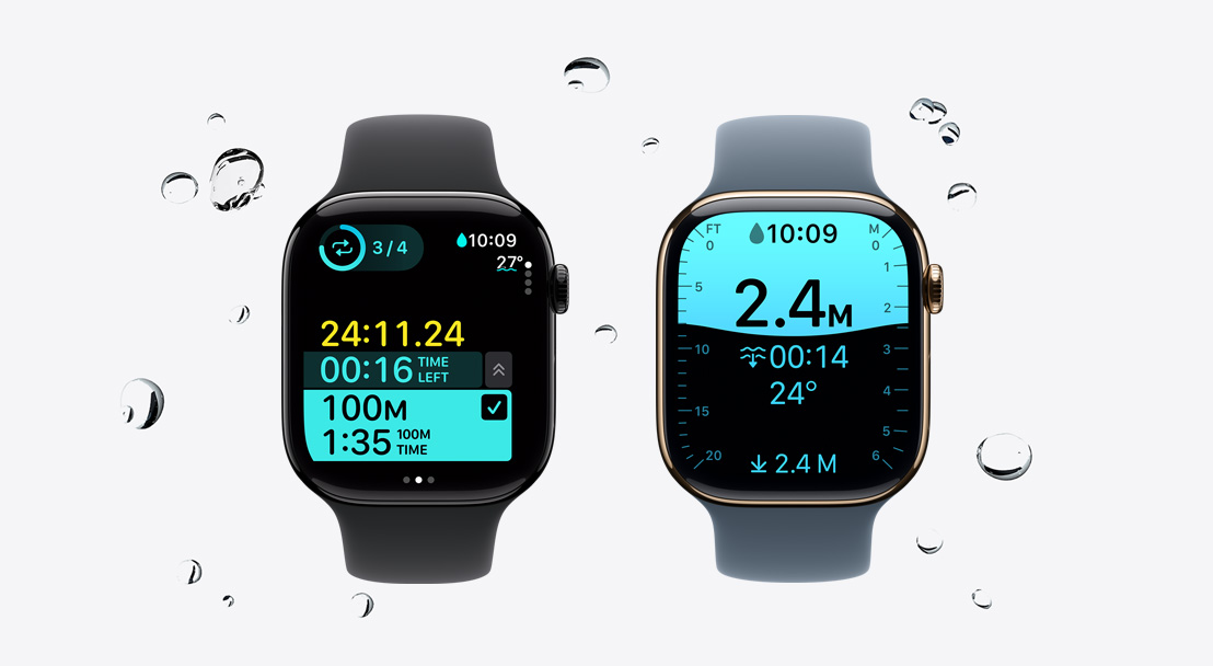 Apple Watch Series 11, pouzdro z leštěného klavírně černého hliníku, plavecké ukazatele v aplikaci Cvičení, z hodinek odletují kapky, sportovní řemínek, černá barva