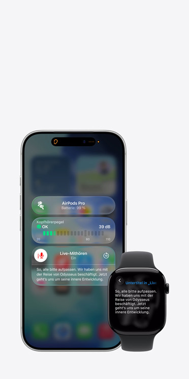 iPhone 17 Pro Display mit aktiver Live Mithören Session mit Untertiteln für das aufgezeichnete Audio und Apple Watch Series 11 Display mit Live Untertiteln für dasselbe aufgezeichnete Audio