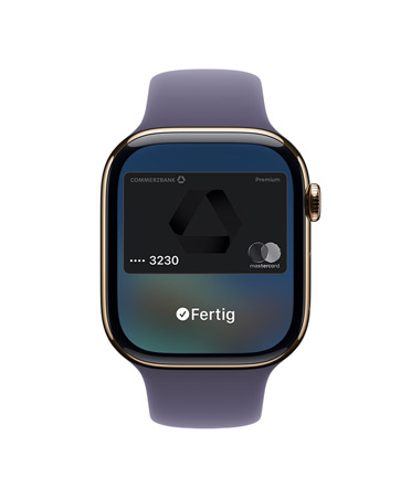 Apple Watch Series 11, Farbe Gold, Titangehäuse, Apple Pay, rechte Seitenansicht, Digital Crown, Sportarmband Nebelviolett