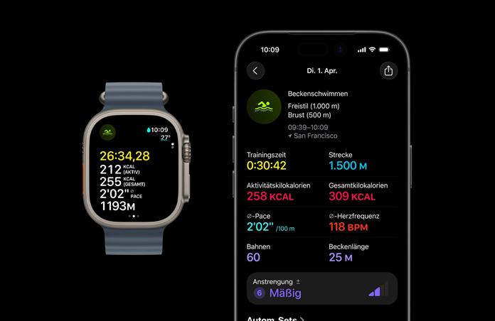 Apple Watch Ultra 3, Farbe Natur, Titangehäuse, Ocean Armband, Farbe Maritimblau, aktives Schwimmtraining, größere Aufschlüsselung der Trainingsdaten auf dem iPhone