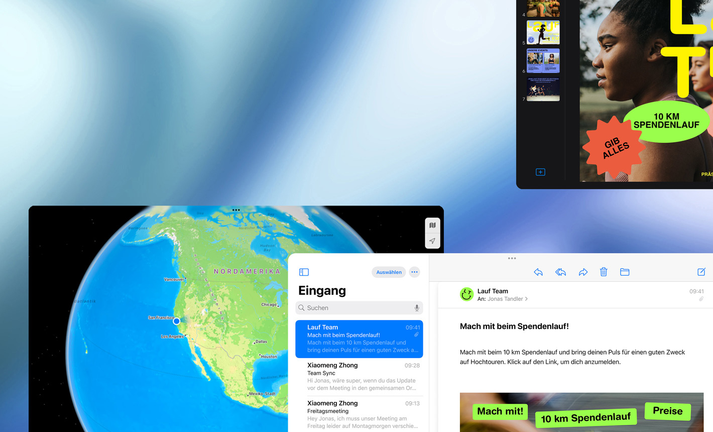 Mehrere Displays im Querformat, auf denen verschiedene Apps gezeigt werden