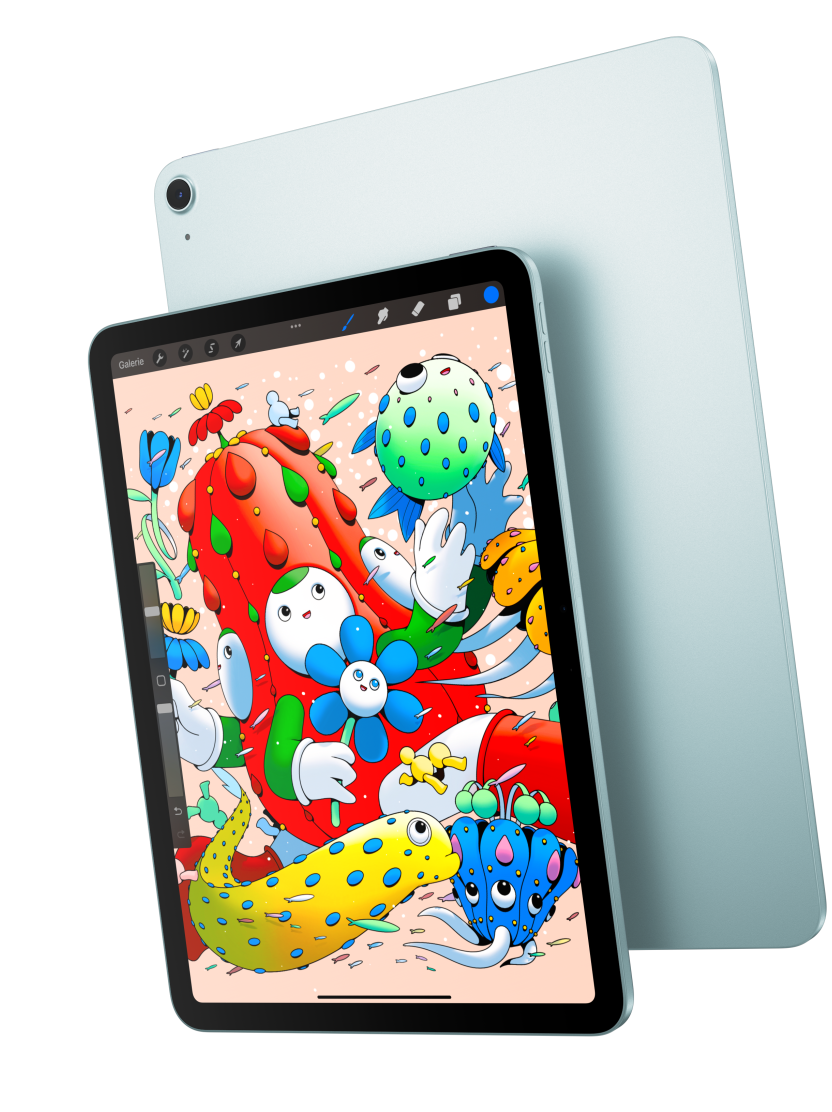 Vorderansicht eines iPad Air, die das 11" Modell mit der App Procreate zeigt, dahinter die Rückseite eines iPad Air in Blau