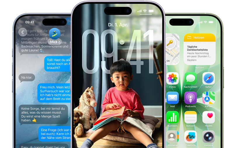 iPhone 17 Geräte, Vorderseite, Farben: Nebelblau, Lavendel, Salbei, iOS Features – Hintergrund in Nachrichten, Liquid Glass auf dem Sperrbildschirm und der Homescreen mit verschiedenen Apps