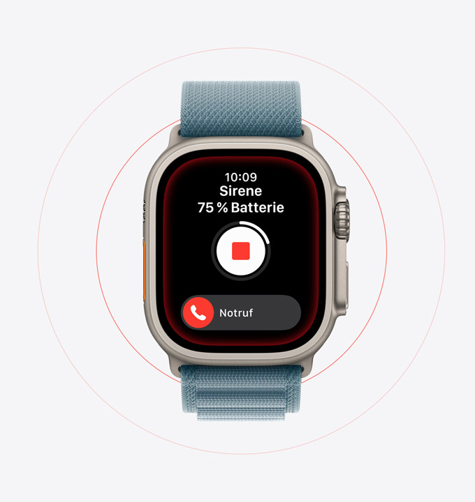 Apple Watch Ultra 3, Titangehäuse, Farbe Natur, Sirene aktiviert, Taste für Notruf