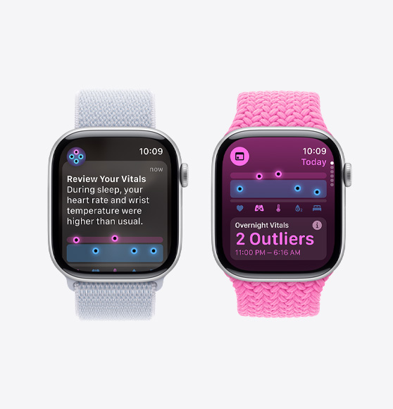 A review your vitals notification on an Apple Watch Series 10 and the Vitals app showing overnight vitals with two outliers on an Apple Watch Series 10.