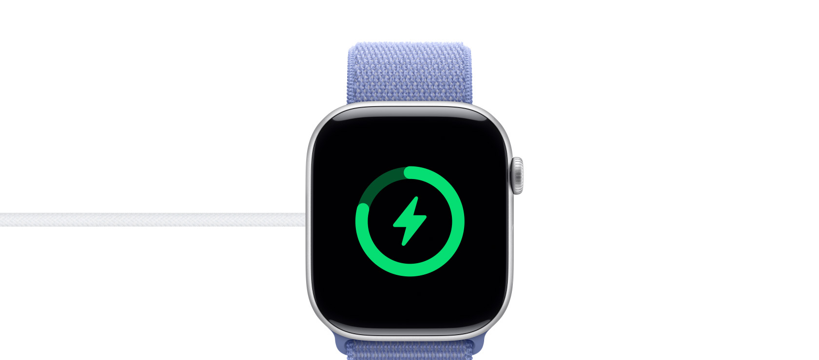 The charging status of an Apple Watch Series 10 on a magnetic charger.