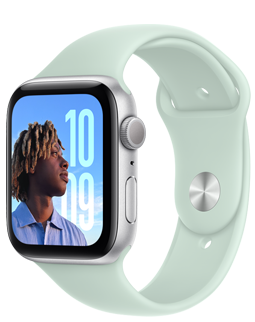Apple Watch SE with a Silver aluminum case and a Aquamarine (light blue/green) Sport Band.