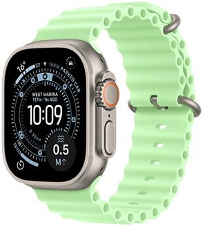 Apple Watch Ultra 3, naturaalne värv, titaanist korpus, orienteeruv ekraan, komplikatsioonid: UV-indeks, aktiivsus, satelliit, kompass, parema külje välimus, Digital Crown, mikrofon, külgnupp, Ocean Band rihm, neoonroheline värv