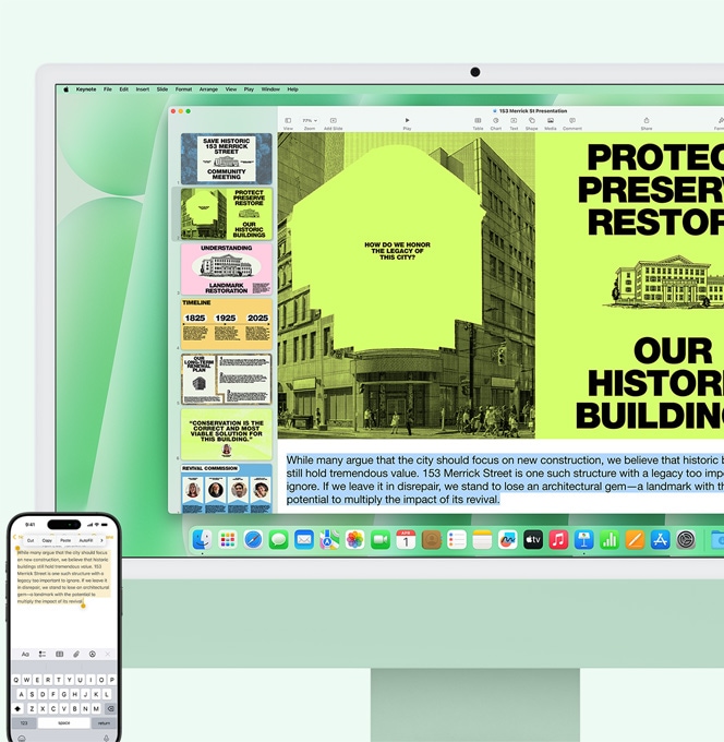 Roheline iMac ja iPhone kõrvuti. Teksti kopeeritakse iPhone'i märkmerakendusest iMaci