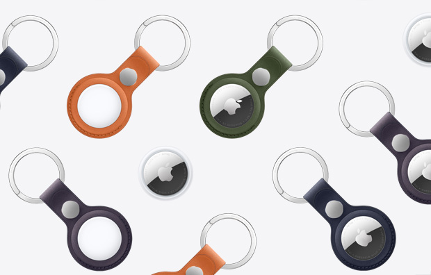 Valik AirTage ja FineWoven-kangast võtmehoidjaga AirTage eri toonides, sealhulgas oranž, tumeroheline, sügavsinine, mustikalilla ja must