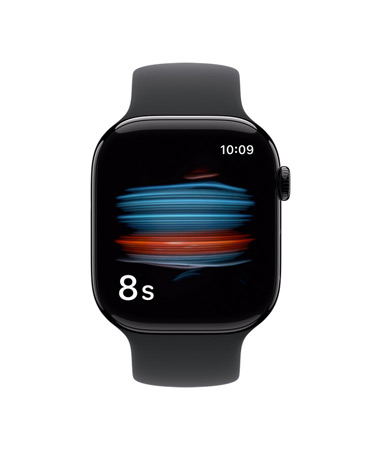 Apple Watch Series 11, caja de aluminio, color negro azabache pulido, la app Salud mide la saturación de oxígeno, correa deportiva, color negro