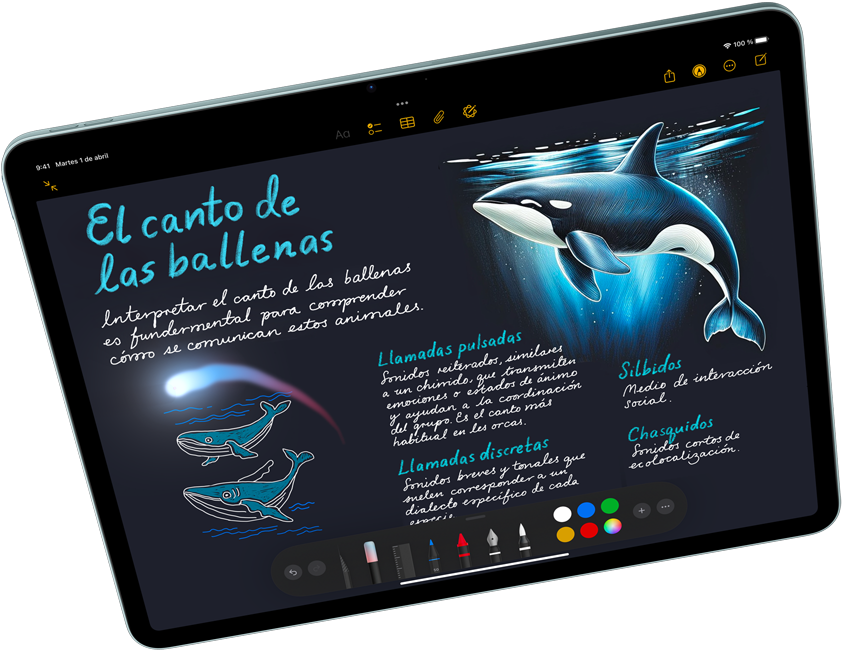 iPad Air en horizontal que muestra Apple Intelligence con Image Playground y Keynote, con un Apple Pencil Pro