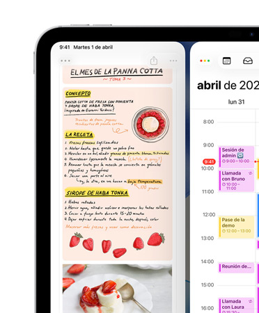 En la parte superior izquierda de la pantalla de un iPad en posición horizontal se muestran las apps Notas y Calendario, dispuestas una al lado de la otra, como ejemplo de mosaico de ventanas
