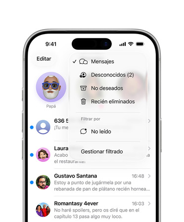 Dos tercios de la pantalla de un iPhone que muestra la app Mensajes con las nuevas herramientas de detección capaces de filtrar los números desconocidos y mandarlos a una carpeta llamada Remitentes Desconocidos