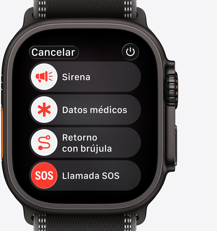 Apple Watch Ultra 3, titanium case, black color, emergency assistance options onscreen: siren, medical ID, compass backtrack, emergency call