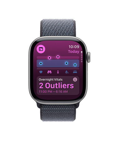 Apple Watch Series 11, com caixa em alumínio cinzento sideral, app Sinais Vitais, gráfico de pontuação de saúde, notificação de valores de sinais vitais fora do normal, Digital Crown no lado direito, Loop desportiva cinzento‑escuro