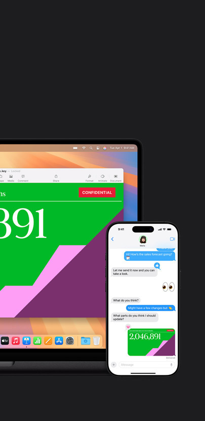 En Mac med en presentation. Framför Mac finns en iPhone med en sms-konversation och en delad presentation.