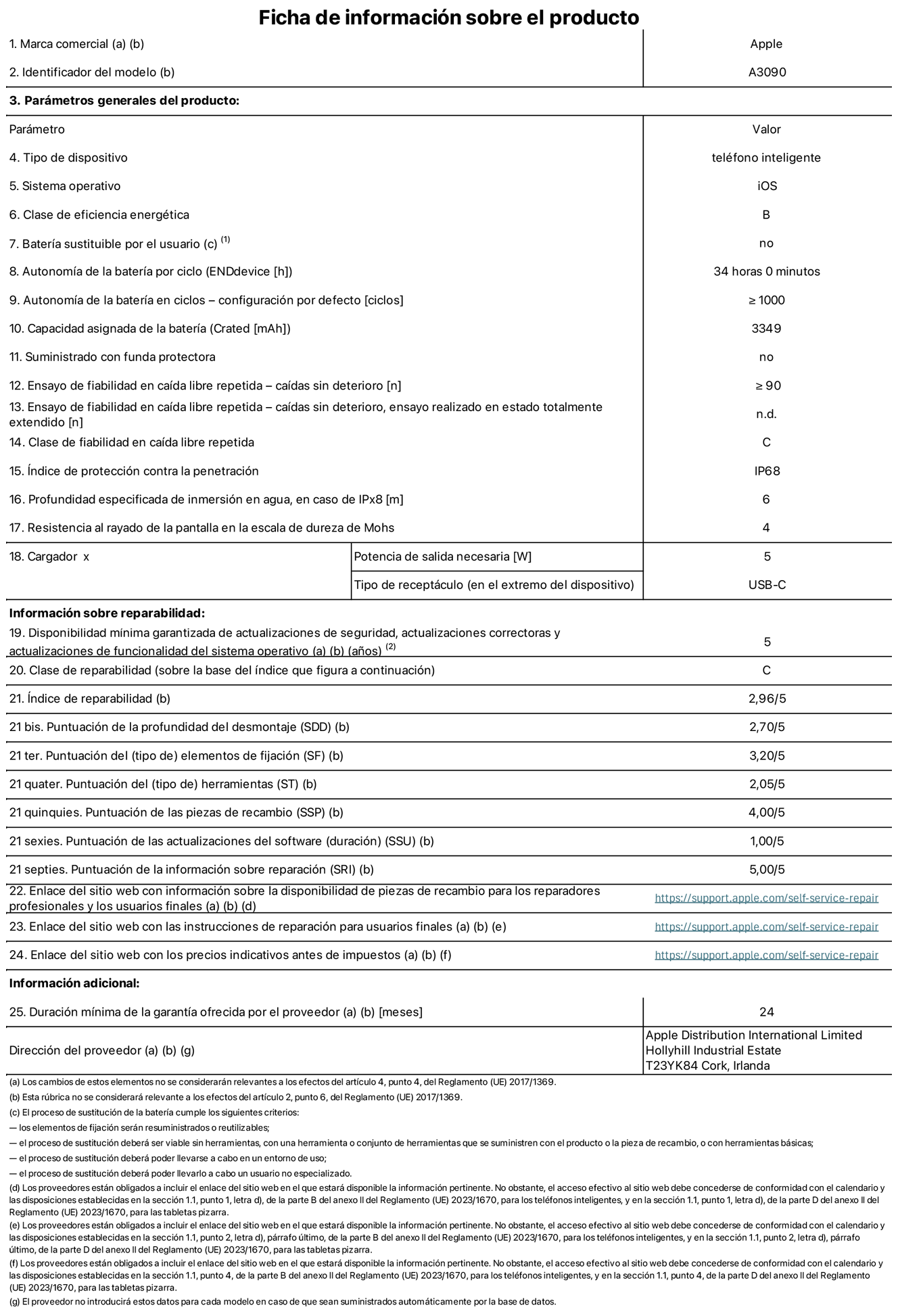 Ficha de información sobre el producto del iPhone 15. Modelo A3090. Suministrado por Apple Distribution International Limited con sede en Hollyhill Industrial Estate, T23 YK84 Cork (Irlanda). Tipo de dispositivo: Teléfono inteligente. Sistema operativo: iOS. Clase de eficiencia energética: B. Batería sustituible por el usuario: No. Autonomía de la batería por ciclo: 34 horas. Autonomía de la batería en ciclos (configuración por defecto): ≥ 1.000. Capacidad asignada de la batería: 3.349 mAh. Suministrado con funda protectora: No. Caídas sin deterioro en ensayo de fiabilidad en caída libre repetida: ≥ 90. Caídas sin deterioro en ensayo de fiabilidad en caída libre repetida realizado en estado totalmente extendido: N. A. Clase de fiabilidad en caída libre repetida: C. Índice de protección contra la penetración: IP68. Profundidad especificada de inmersión en agua, en caso de iPx8 (m): 6. Resistencia al rayado de la pantalla en la escala de dureza de Mohs: 4. Potencia de salida necesaria del cargador: 5 W. Tipo de receptáculo (en el extremo del dispositivo): USB-C. Disponibilidad mínima garantizada de actualizaciones de seguridad, correctoras y de funcionalidad del sistema operativo: 5 años.	Clase de reparabilidad: C. Índice de reparabilidad: 2,96/5. Puntuación de la profundidad del desmontaje (SDD): 2,70/5. Puntuación de los elementos de fijación: 3,20/5. Puntuación de las herramientas: 2,05/5. Puntuación de las piezas de recambio: 4/5. Puntuación de las actualizaciones de software: 1/5. Puntuación de la información sobre reparación: 5/5. Enlace del sitio web con información sobre la disponibilidad de piezas de recambio para reparadores profesionales y usuarios finales: https://support.apple.com/self-service-repair. Enlace del sitio web con las instrucciones de reparación para usuarios finales: https://support.apple.com/self-service-repair. Enlace del sitio web con los precios indicativos antes de impuestos: https://support.apple.com/self-service-repair. Se ofrece una garantía general de 24 meses.