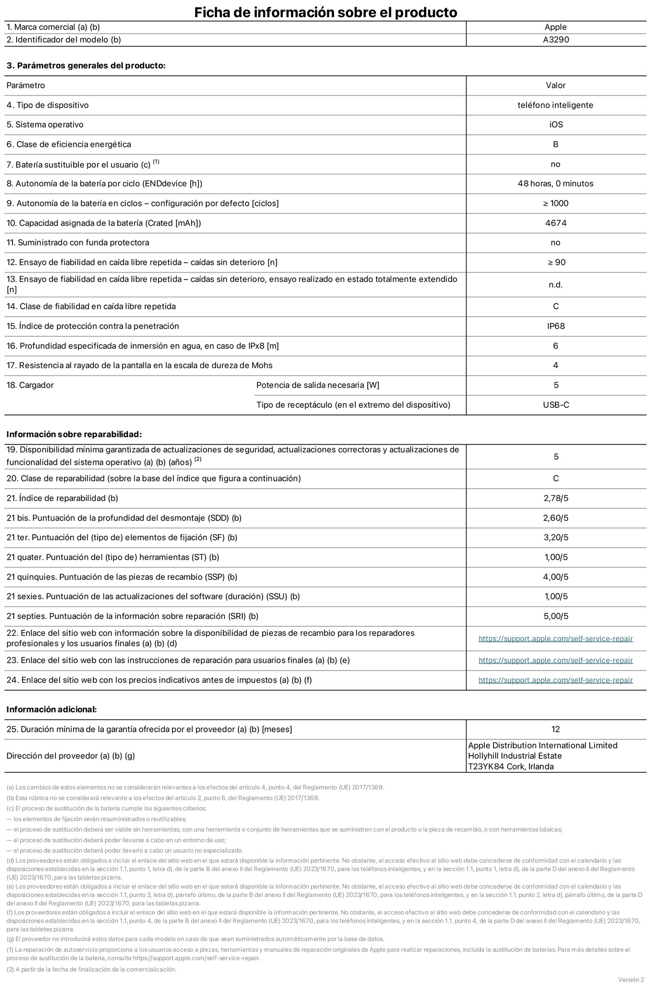 Ficha de información sobre el producto del iPhone 16 Plus. Modelo A3290. Suministrado por Apple Distribution International Limited con sede en Hollyhill Industrial Estate, T23 YK84 Cork (Irlanda). Tipo de dispositivo: Teléfono inteligente. Sistema operativo: iOS. Clase de eficiencia energética: B. Batería sustituible por el usuario: No. Autonomía de la batería por ciclo: 48 horas. Autonomía de la batería en ciclos (configuración por defecto): ≥ 1.000. Capacidad asignada de la batería: 4.674 mAh. Suministrado con funda protectora: No. Caídas sin deterioro en ensayo de fiabilidad en caída libre repetida: ≥ 90. Caídas sin deterioro en ensayo de fiabilidad en caída libre repetida realizado en estado totalmente extendido: N. A. Clase de fiabilidad en caída libre repetida: C. Índice de protección contra la penetración: IP68. Profundidad especificada de inmersión en agua, en caso de iPx8 (m): 6. Resistencia al rayado de la pantalla en la escala de dureza de Mohs: 4. Potencia de salida necesaria del cargador: 5 W. Tipo de receptáculo del cargador (en el extremo del dispositivo): USB‑C. Disponibilidad mínima garantizada de actualizaciones de seguridad, correctoras y de funcionalidad del sistema operativo: 5 años. Clase de reparabilidad: C. Índice de reparabilidad: 2,78/5. Puntuación de la profundidad del desmontaje (SDD): 2,60/5. Puntuación de los elementos de fijación: 3,20/5. Puntuación de las herramientas: 1/5. Puntuación de las piezas de recambio: 4/5. Puntuación de las actualizaciones de software: 1/5. Puntuación de la información sobre reparación: 5/5. Enlace del sitio web con información sobre la disponibilidad de piezas de recambio para reparadores profesionales y usuarios finales: https://support.apple.com/self-service-repair. Enlace del sitio web con las instrucciones de reparación para usuarios finales: https://support.apple.com/self-service-repair. Enlace del sitio web con los precios indicativos antes de impuestos: https://support.apple.com/self-service-repair. Se ofrece una garantía general de 12 meses.