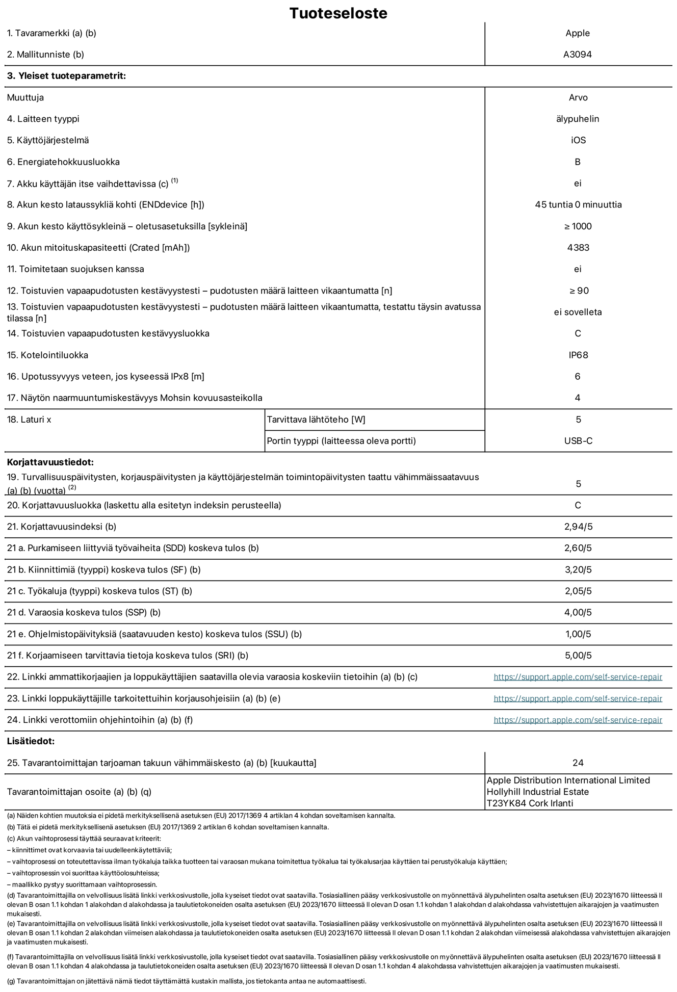 iPhone 15 Plussan tuotetiedot, malli A3094. Toimittaja: Apple Distribution International Limited, Hollyhill Industrial Estate. Cork, Irlanti T23 YK84. Laitteen tyyppi: älypuhelin. Käyttöjärjestelmä: iOS. Energiatehokkuusluokka: B. Akku käyttäjän itse vaihdettavissa: ei. Akun kesto lataussykliä kohti: 45 tuntia. Akun kesto käyttösykleinä – oletusasetuksilla: ≥ 1 000. Akun mitoituskapasiteetti: 4 383 mAh. Toimitetaan suojuksen kanssa: ei. Toistuvien vapaapudotusten kestävyystesti – pudotusten määrä laitteen vikaantumatta: ≥ 90. Toistuvien vapaapudotusten kestävyystesti – pudotusten määrä laitteen vikaantumatta, testattu täysin avatussa tilassa: ei sovelleta. Toistuvien vapaapudotusten kestävyysluokka: C. Kotelointiluokka: IP68. Upotussyvyys veteen, jos kyseessä IPx8: 6 metriä. Näytön naarmuuntumiskestävyys Mohsin kovuusasteikolla: 4. Laturin tarvittava lähtöteho: 5 W. Laturin portin tyyppi (laitteessa): USB-C. Turvallisuuspäivitysten, korjauspäivitysten ja käyttöjärjestelmän toimintopäivitysten taattu vähimmäissaatavuus: 5 vuotta. Korjattavuusluokka: C. Korjattavuusindeksi: 2,94/5. Purkamiseen liittyviä työvaiheita (SDD) koskeva tulos: 2,60/5. Kiinnittimiä koskeva tulos: 3,20/5. Työkaluja koskeva tulos: 2,05/5. Varaosia koskeva tulos: 4,00/5. Ohjelmistopäivityksiä koskeva tulos: 1,00/5. Korjaamiseen tarvittavia tietoja koskeva tulos: 5,00/5. Linkki ammattikorjaajien ja loppukäyttäjien saatavilla olevia varaosia koskeviin tietoihin: https://support.apple.com/self-service-repair. Linkki loppukäyttäjille tarkoitettuihin korjausohjeisiin: https://support.apple.com/self-service-repair. Linkki verottomiin ohjehintoihin: https://support.apple.com/self-service-repair. Yleistakuun kesto 24 kuukautta.