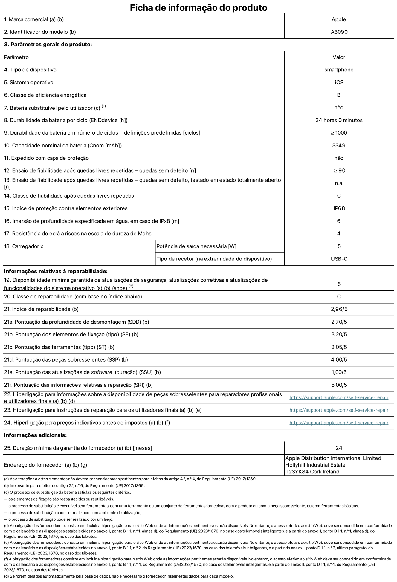 Folha de informações do produto para o iPhone 15, modelo A3090. Fornecido pela Apple Distribution International Limited, Hollyhill Industrial Estate. Cork, Irlanda T23 YK84. Tipo de dispositivo: smartphone. Sistema operativo: iOS. Classe de eficiência energética: B. Bateria substituível pelo utilizador: não. Autonomia da bateria por ciclo: 34 horas. Autonomia da bateria em ciclos - pré‑configurações: ≥ 1000. Capacidade nominal da bateria: 3349 mAh. Enviado com capa protetora: não. Teste de fiabilidade após quedas livres repetidas - quedas sem defeito: ≥ 90. Teste de fiabilidade após quedas livres repetidas - quedas sem defeito testadas no estado totalmente aberto: não aplicável. Classe de fiabilidade após quedas livres repetidas: C. Índice de proteção contra elementos exteriores: IP68. Imersão de profundidade especificada em água, em caso de IPx8: 6. Resistência do ecrã a riscos na escala de dureza de Mohs: 4. Potência de saída necessária do carregador: 5 W. Tipo de recetor do carregador (na extremidade do dispositivo): USB-C. Disponibilidade mínima garantida de atualizações de segurança, atualizações corretivas e atualizações de funcionalidades do sistema operativo: 5 anos. Classe de reparabilidade: C. Índice de reparabilidade: 2,96/5. Pontuação da profundidade de desmontagem (SDD): 2,70/5. Pontuação dos elementos de fixação: 3,20/5. Pontuação das ferramentas: 2,05/5. Pontuação das peças sobresselentes: 4,00/5. Pontuação das atualizações de software: 1,00/5. Pontuação das informações relativas a reparação: 5,00/5. Hiperligação para informações sobre a disponibilidade de peças sobresselentes para reparadores profissionais e utilizadores finais: https://support.apple.com/self-service-repair. Hiperligação para instruções de reparação para utilizadores finais: https://support.apple.com/self-service-repair. Hiperligação para preços indicativos antes de impostos: https://support.apple.com/self-service-repair. Oferta de garantia geral de 24 meses.