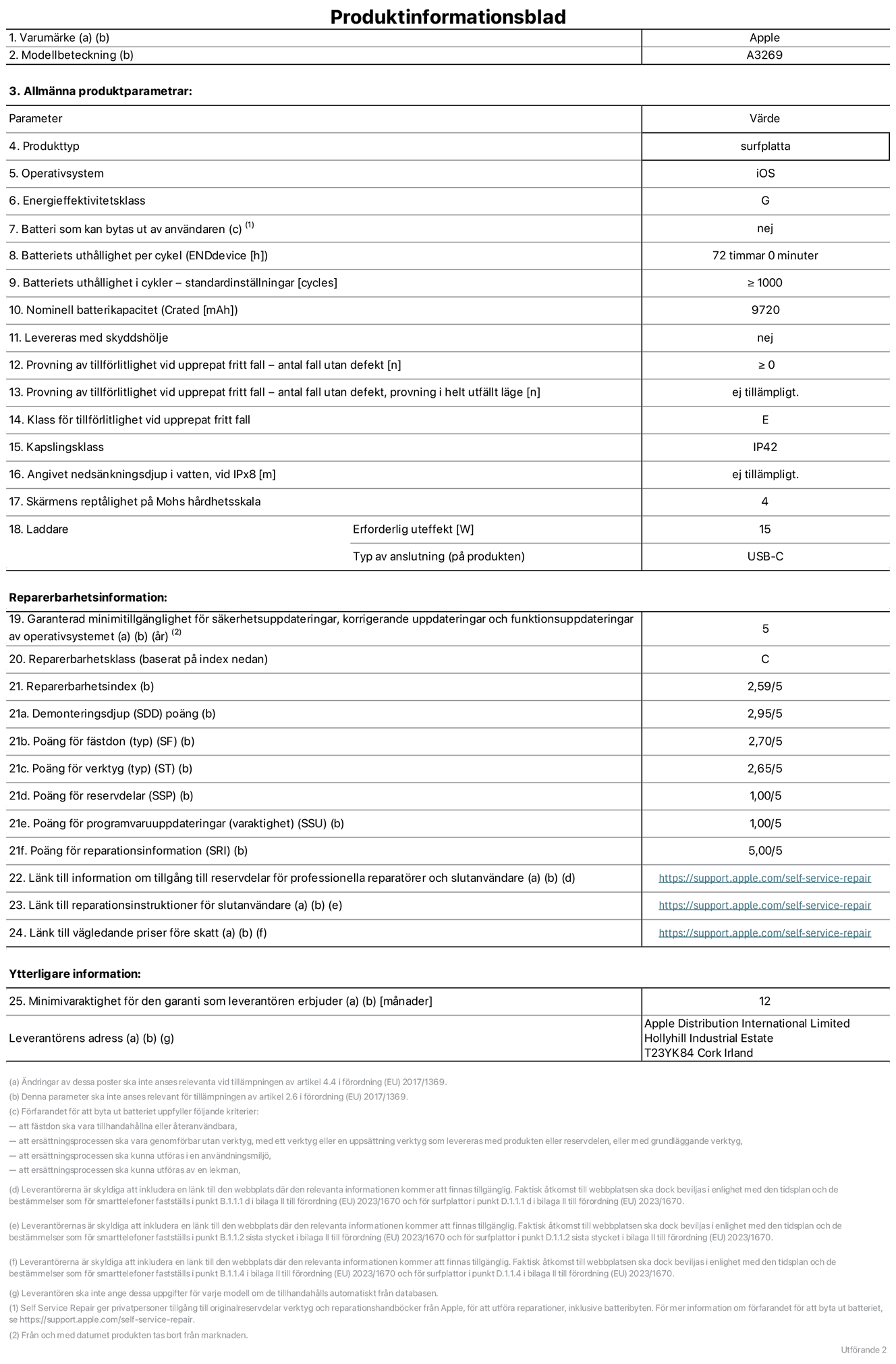 Produktinformationsblad för 13-tums iPad Air Wi-Fi + Cellular, modell A3269. Tillhandahålls av Apple UK Ltd, 100 New Bridge Street, London EC4V 6JA. Enhetstyp: surfplatta. Operativsystem: iOS. Energieffektivitetsklass för Standard Dynamic Range: G. Batteritid: 72 timmar. Batteriets livslängd i antal cykler: ≥ 1000. Nominell batterikapacitet: 9720 mAh. Tillförlitlighetstest vid upprepat fritt fall – antal fall utan defekter: ≥ 0. Tillförlitlighet vid upprepat fritt fall: klass E. IP-klass: IP42. Skärmens reptålighet enligt Mohs hårdhetsskala: 4. Laddare – uteffekt som krävs: 15 W. Typ av uttag på laddaren: usb-c. Garanterad minimiperiod för tillgång till säkerhetsuppdateringar, korrigerande uppdateringar och funktionsuppdateringar av operativsystemet: 5 år. Reparerbarhetsklass: C. Reparerbarhetsindex: 2,59/5. Poäng för demonteringsdjup: 2,95/5. Poäng för fästen (typ): 2,70/5. Poäng för verktyg: 2,65/5. Poäng för reservdelar: 1,00/5. Poäng för mjukvaruuppdateringar: 1,00/5. Poäng för reparationsinformation: 5,00/5. Länk till information om tillgängliga reservdelar för professionella reparatörer och slutanvändare: https://support.apple.com/self-service-repair. Länk till reparationsanvisningar för slutanvändare: https://support.apple.com/self-service-repair. Länk till vägledande priser före skatt: https://support.apple.com/self-service-repair. Produkten omfattas av 12 månaders garanti.
