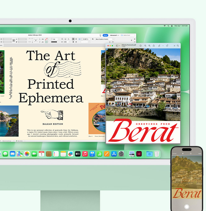 Un iMac vert et un iPhone sont placés côte à côte. Un document numérisé sur l’iPhone apparaît sur l’écran de l’iMac