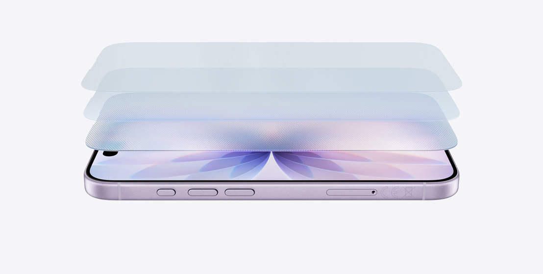 Seitenansicht eines liegenden iPhone 17 in Lavendel mit einem mehrschichtigen Design, das den Ceramic Shield 2 zeigt