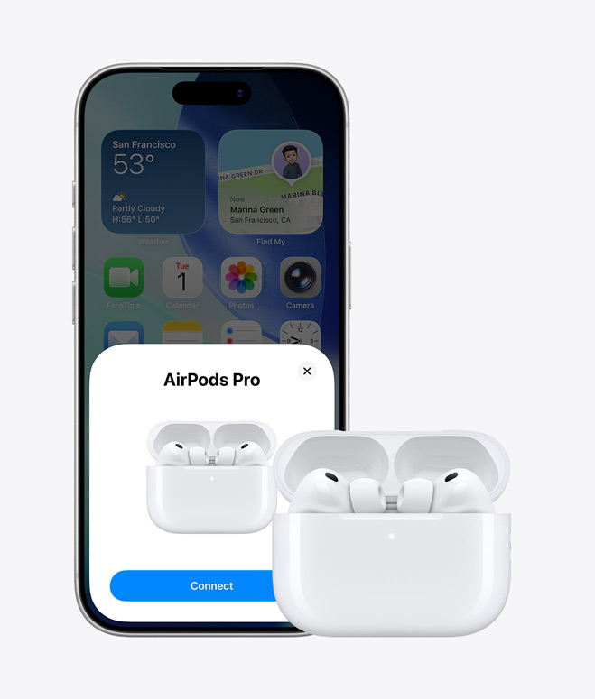 iPhone 17 Pro, Vorderansicht, Homescreen im Hintergrund, Einblendung zur AirPods Verbindung auf dem Display, AirPods im geöffneten Case neben dem iPhone