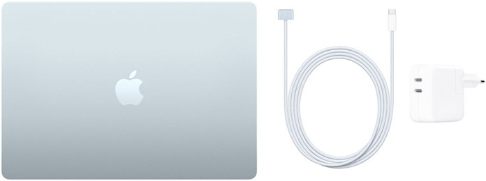 15-inch MacBook Air met USB-C-naar-MagSafe 3-kabel en lichtnetadapter van 35 W met twee USB‑C-poorten