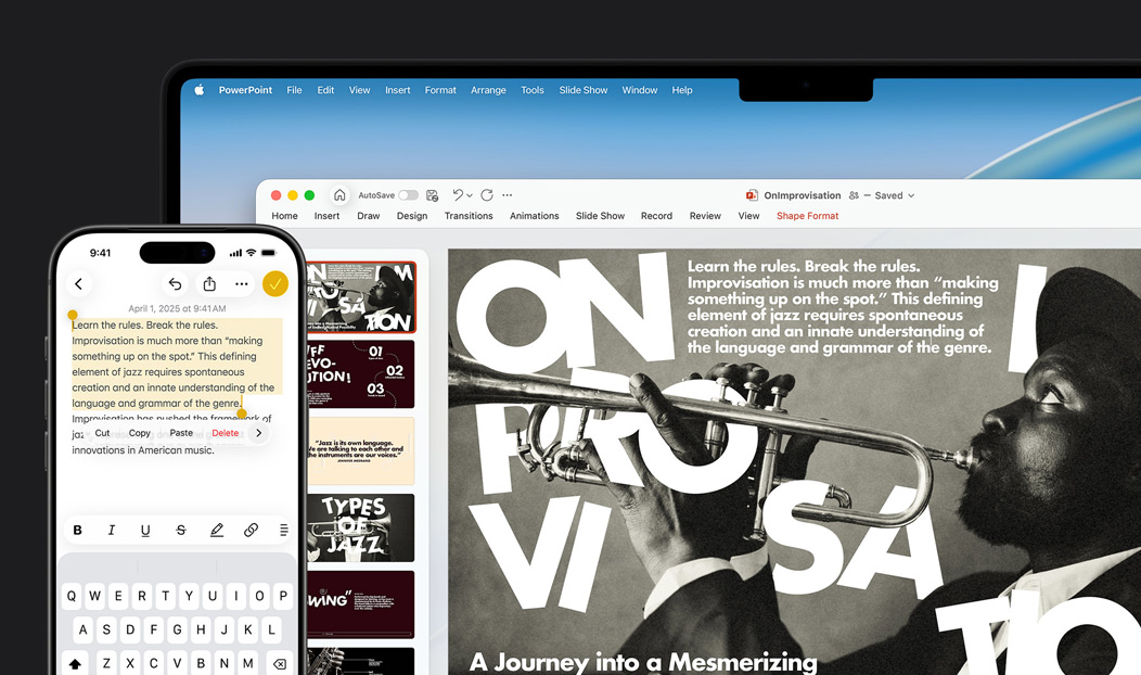 iPhone 16 Plus med markerad text i appen Anteckningar, MacBook Pro med en Keynote-presentationsbild öppen, text från appen Anteckningar syns på presentationsbilden
