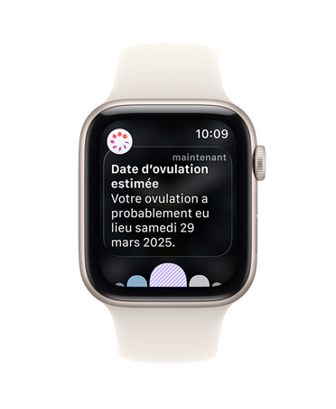 Apple Watch SE 3, boîtier en aluminium, lumière stellaire, notification de date d’ovulation estimée dans l’app Suivi de cycle de l’app Santé, Digital Crown, Bracelet Sport, lumière stellaire