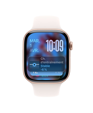 Apple Watch Series 11, couleur or rose, boîtier en aluminium, suggestion Défilement intelligent, Bracelet Sport rose tendre