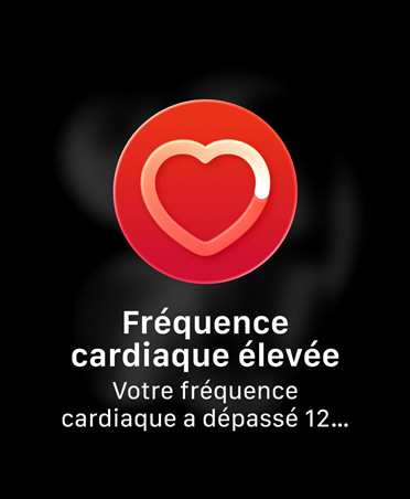 Notification de fréquence cardiaque élevée, icône représentant un cœur blanc sur un cercle rouge