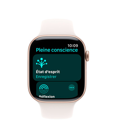 Apple Watch Series 11, boîtier en aluminium, couleur or rose, app Pleine conscience ouverte, côté droit, Digital Crown, Bracelet Sport rose tendre