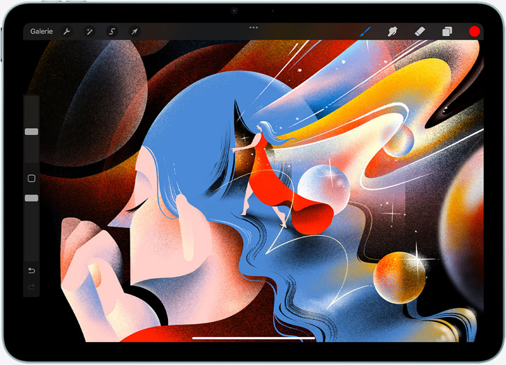 iPad Air, mode paysage, écran affichant une illustration dans l’app Procreate